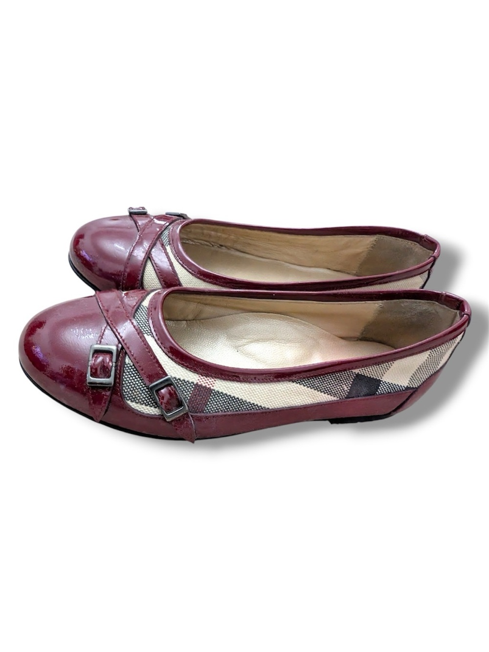 Burberry Burgundy Patent & Beige Plaid Kids Mary Jane Flats
